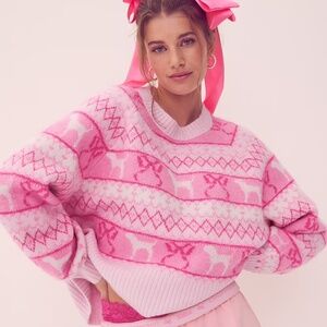 Victoria Secret PINK LoveShackFancy Boxy Sweater Tulip Fairisle Dog Bow Sz S NEW